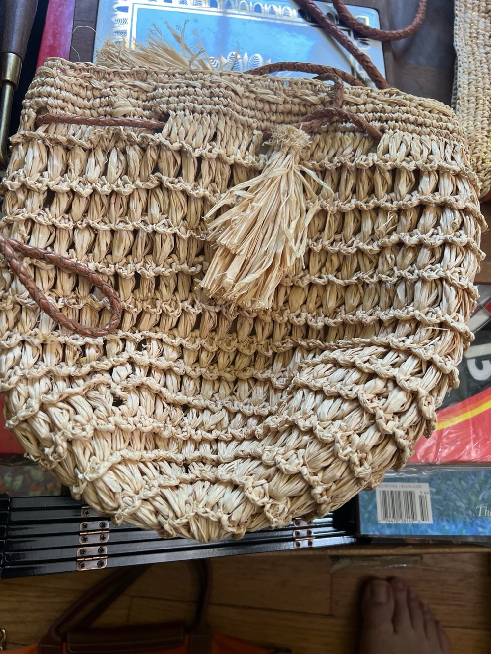 Natural Woven Straw Crossbody Bag with Tassel